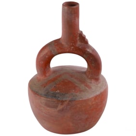 Moche Style Clay Stirrup Spout Geometric Vessel