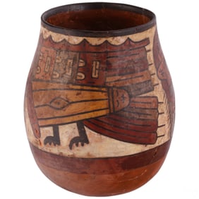 Nazca Style Clay Vessel w Human & Geometric Design