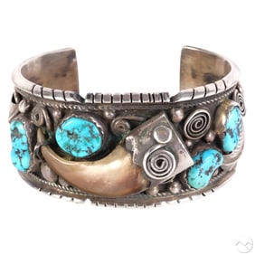 Navajo Indian Turquoise & Claw Silver Cuff SIGNED