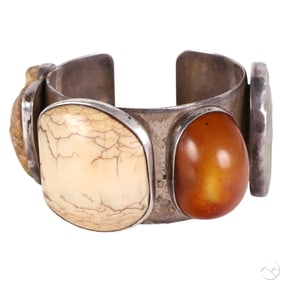 Rebecca Collins Sterling Amber Jade Fossil Cuff