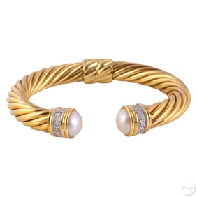 18k David Yurman Diamond & Pearl Cuff Bracelet 46g