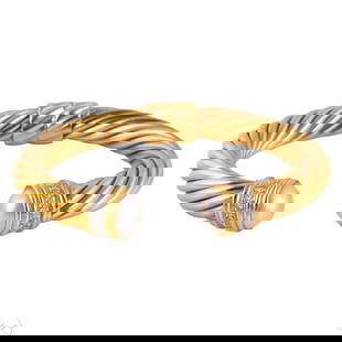 18k David Yurman Diamond & Pearl Cuff Bracelet 46g: David Yurman 18k yellow gold hinged cuff-style bangle bracelet featuring a heavy twisted swirl motif with two 12mm natural Mabe pearls at each end, each framed by ten prong-set round brilliant cut dia