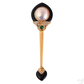 18k Gold Mabe Pearl & Diamond Onyx Brooch Pin 18g.