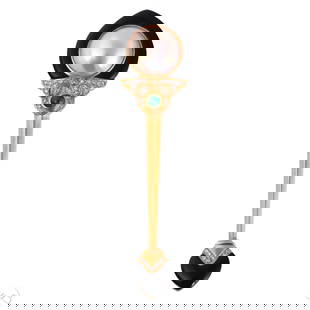 18k Gold Mabe Pearl & Diamond Onyx Brooch Pin 18g.: 18k yellow gold brooch pin featuring a natural mabe pearl set in a teardrop-shaped black onyx surround, accented with round-cut diamonds and a bezel-set round emerald at the top. A secondary onyx and