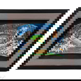 Fazzino b.1955 Yankee Stadium Seat Back SIGNED: Charles Fazzino (American, born 1955), Let's Go Yankees, original 3D artwork hand-painted on an authentic MLB stadium seatback from Yankee Stadiums final season (1923-2008). The curved panel features