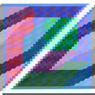 Victor Vasarely 1906-1997 Op Art Serigraph SIGNED: Victor Vasarely (Hungarian-French, 1906-1997), color serigraph on paper featuring a geometric Op Art composition in green, blue, lavender, magenta, and emerald arranged in an isometric cube pattern. T