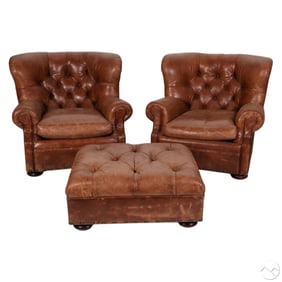 Pair of Ralph Lauren Leather Club Chairs & Ottoman