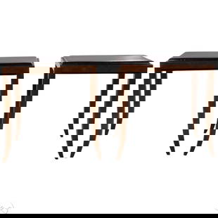 Art Deco Moderne Style Makassar Inlaid Side Tables: Pair of Art Deco modern style square side tables featuring inlaid Makassar wood tops in a bold geometric parquetry pattern with a high-gloss lacquer finish. Framed by warm-toned wood borders and suppo
