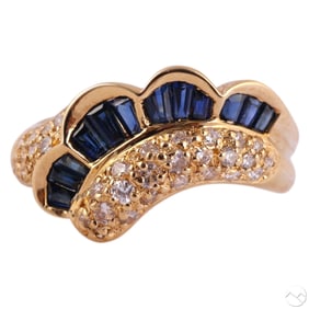 18k Yellow Gold Diamond and Sapphire Wave Ring sz6