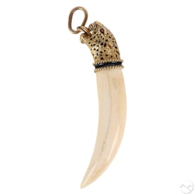 18K Gold Leopard Head Gemstone Tooth Shape Pendant