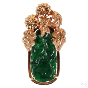 18k Yellow Gold Foliate Jade Plaque Pendant 6.1g