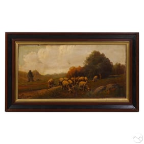 Antique Grazing Sheep Landscape Pastoral Painting