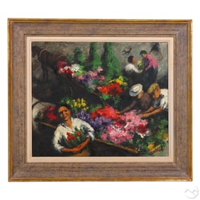 Antique Figural Flower Cart Market Scene Painting