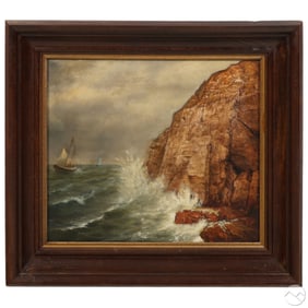 Antique Coastal Cliff Scene Seascape Oil Painting