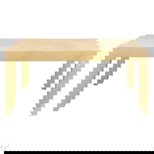 Aldo Tura Italian Designer Goat Skin Coffee Table: Contemporary rectangular coffee table attributed to Aldo Tura, wrapped in light-toned goatskin parchment. Features a minimalist waterfall-leg design with a seamless surface and natural variegated fini