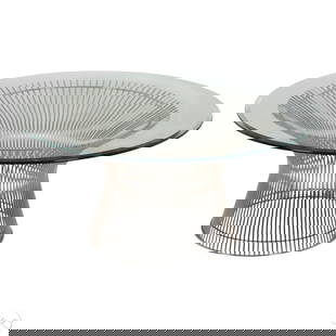 Warren Platner for Knoll Glass Chrome Coffee Table: Warren Platner (American, 1919-2006) cocktail table for Knoll International, model introduced in 1966. Features a cylindrical base composed of vertical chromed steel rods welded to circular horizontal