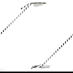 Modern Chrome Over Metal Tube and Glass Floor Lamp: Modern chrome metal and glass electrical floor lamp. Features a modern architectural design with a long vertical chrome metal base topped by a frosted demilune-shaped shade within a wraparound support