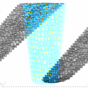 Venini Murrine Art Glass LE Gianni Versace Vase: Venini Murano fused art glass murrine vase from the Gianni Versace collection, part of a limited edition series. Features a cylindrical hand-blown form with a mosaic millefiori pattern in blue, white,