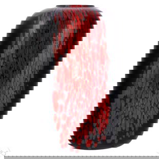 Venini Italian Murano Glass Black Red Vase SIGNED: Venini Italia Italian studio art glass vase featuring red and pink murrine on a glossy black ground. The elongated cylindrical form reflects Veninis postmodern 1980s style, with elliptical cane patter