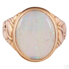 14k Yellow Gold Vintage Repousse Men's Opal Ring