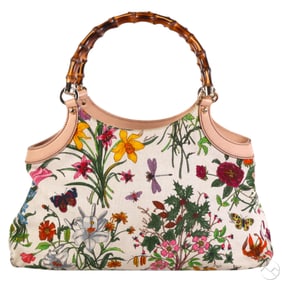 Gucci Vintage Bamboo Handle Flora Canvas Tote Bag
