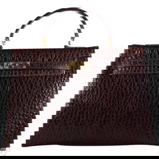 Crocodile Brown Embossed Kelly Style Leather Purse: Vintage crocodile-embossed brown leather structured handbag featuring a single top handle and gold-tone turn-lock clasp. Designed with a firm silhouette and glossy crocodile pattern finish. Includes a