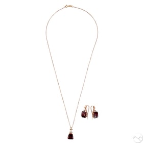 14k Gold Garnet Diamond Necklace & Earring 3pc SET