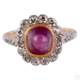14k Gold Sugar Loaf Cabochon Ruby Diamond Ring 3g.