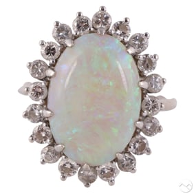 14k White Gold Opal & Diamonds Cocktail Ring 6.9g.