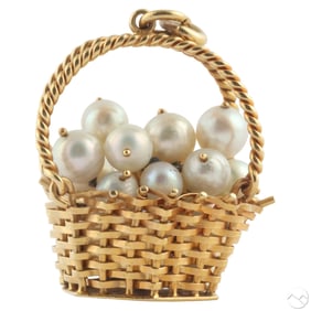 14K Gold Woven Basket Charm with Akoya Pearls 14g.