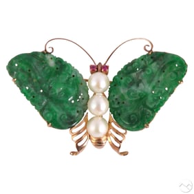 14k Gold Chinese Pearl Ruby, Jade Butterfly Brooch