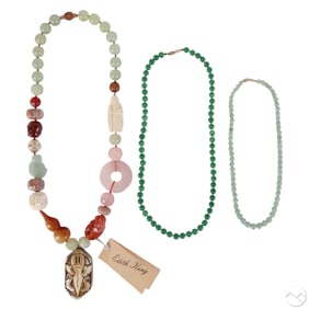 Chinese Jade & Quartz 14k Clasp Necklaces 3pc LOT