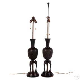 Japanese Pair of Bronze Incense Burner Table Lamps