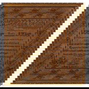 Isabella Ladd 1825 Religious Needlework Sampler: Antique American needlework sampler by Isabella Ladd, dated 1825, stitched on linen with alphabets, a religious verse, and signed Isabella Ladd 1825. Features include floral garlands, a house, birds,