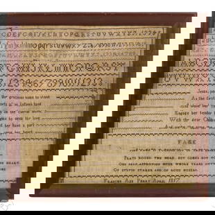 Frances A Perry 1817 Alphabet Needlepoint Sampler: Frances Ann Perry, school girls needlepoint sampler dated April 1817 worked in thread on linen. Displays alphabets in multiple fonts with numerals 1 through 15 and decorative borders. Includes stitche