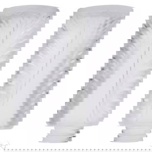 Lalique France Pair of Crystal Palme Wall Sconces: Pair of Lalique France crystal Palme Art Deco wall sconce fittings in frosted crystal with feathered relief design. Featuring a flared geometric form with curved edges and sculptural surface detailing