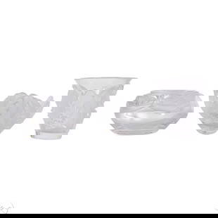 Lalique Crystal Vase, Bowl & Caviar Server 3pc LOT: Lot of Lalique French crystal including a Saumur grape leaf vase, a Compiegne bowl with frosted foliage rim, and an Olga caviar server bowl with twin opposing frosted fish-form handles. Each piece is
