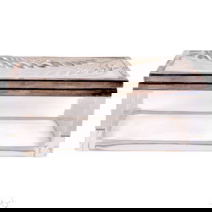 Lalique Crystal "Epis" Wheat Dresser Trinket Box: Lalique France "Epis" rectangular crystal lidded box featuring a raised wheat motif on the lid and mounted in silver-plated metal. The lid displays two opposing wheat kernels rendered in smooth and ma