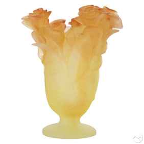 Daum Yellow Amber Flower Pate de Verre Glass Vase