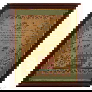 19C Caroline Bruner Alphabet Needlepoint Sampler: Caroline Bruner early 19th century American needlework sampler stitched in thread on linen, featuring a moral verse, the makers name in the upper corners, and a symmetrical composition with a floral b