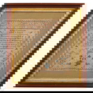 19C School Girl Religious Verse Needlework Sampler: Early 19th century needlework sampler worked in thread on linen and signed Eliza Fanstone Aged 11 Years. Features alphabets, numerals, a moral verse, floral motifs, stylized trees, animals, and a cent