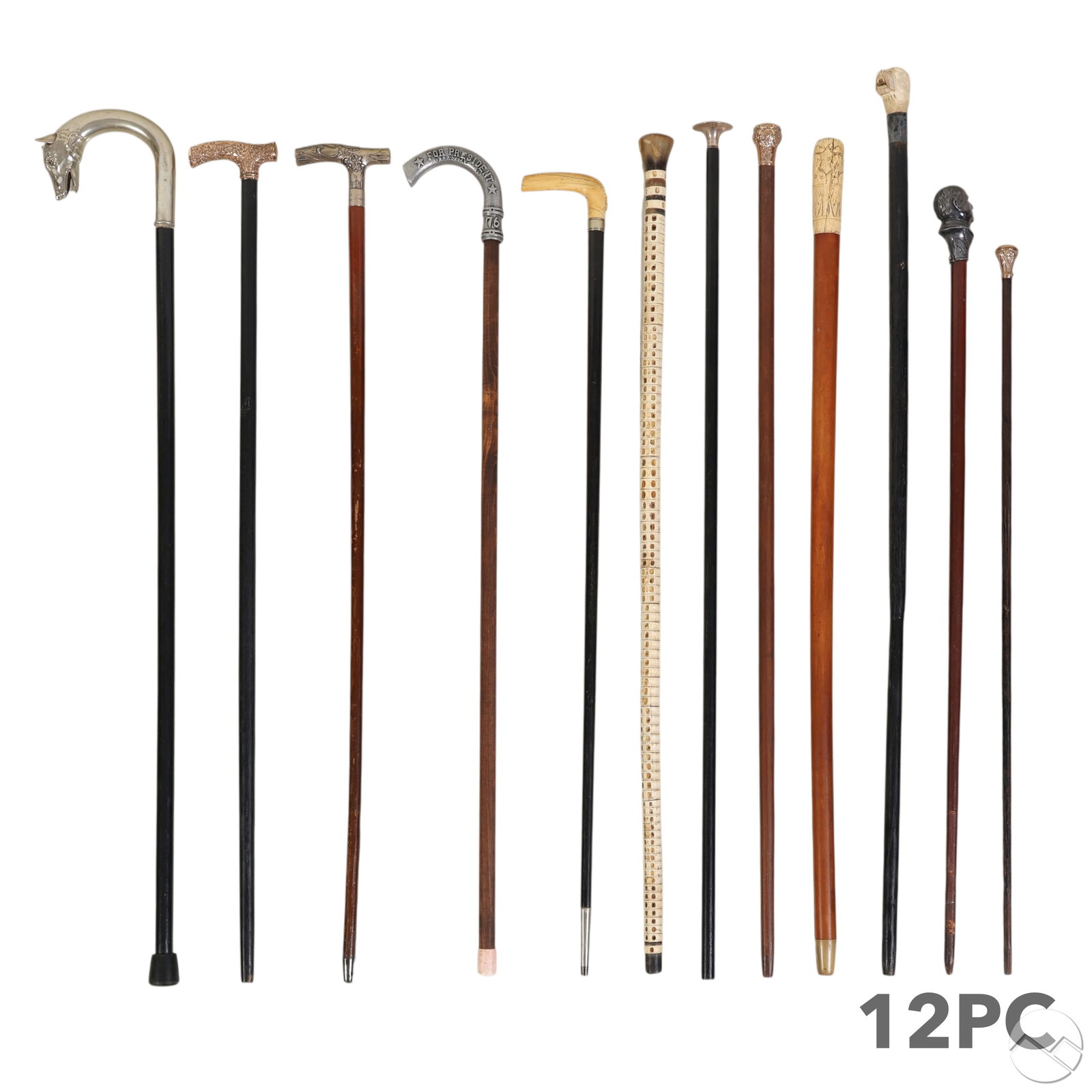 Antique Silvered Gold Filled Figural Canes 12p LOT: Estate lot of twelve walking stick canes including antique and decorative examples crafted from carved wood, and mounted with cast metal, sterling, silverplate, pewter, painted composition, and other