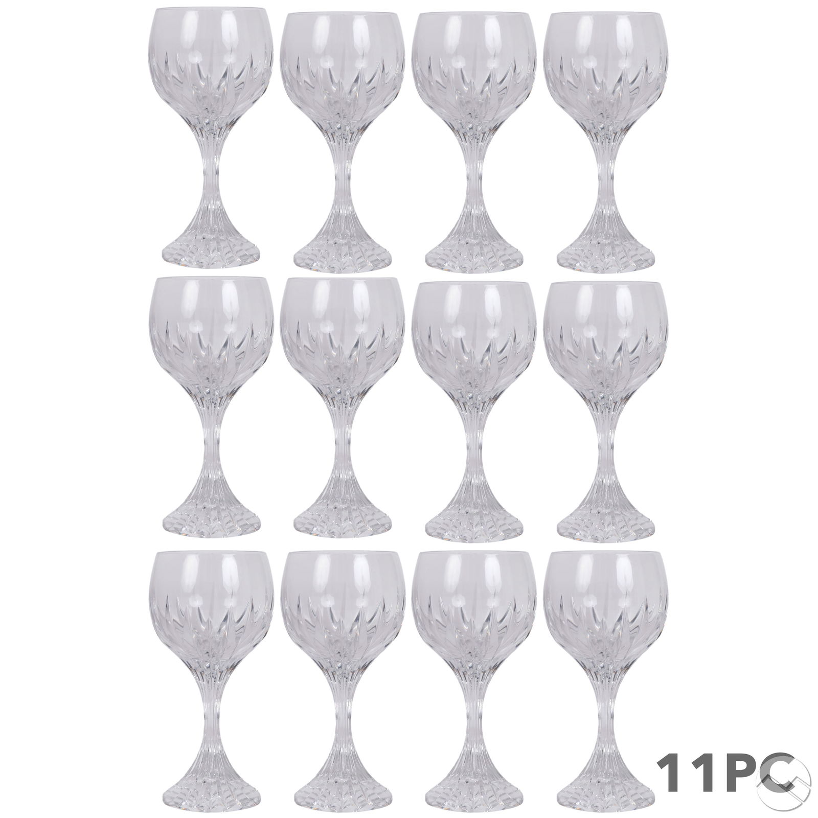Baccarat Crystal Massena White Wine Glass 12pc SET: Set of 12 Baccarat crystal stemmed white wine goblets in the Massena pattern featuring a wide rounded bowl atop a vertical cut stem extending into a broad base. Each glass is signed "Baccarat" on the