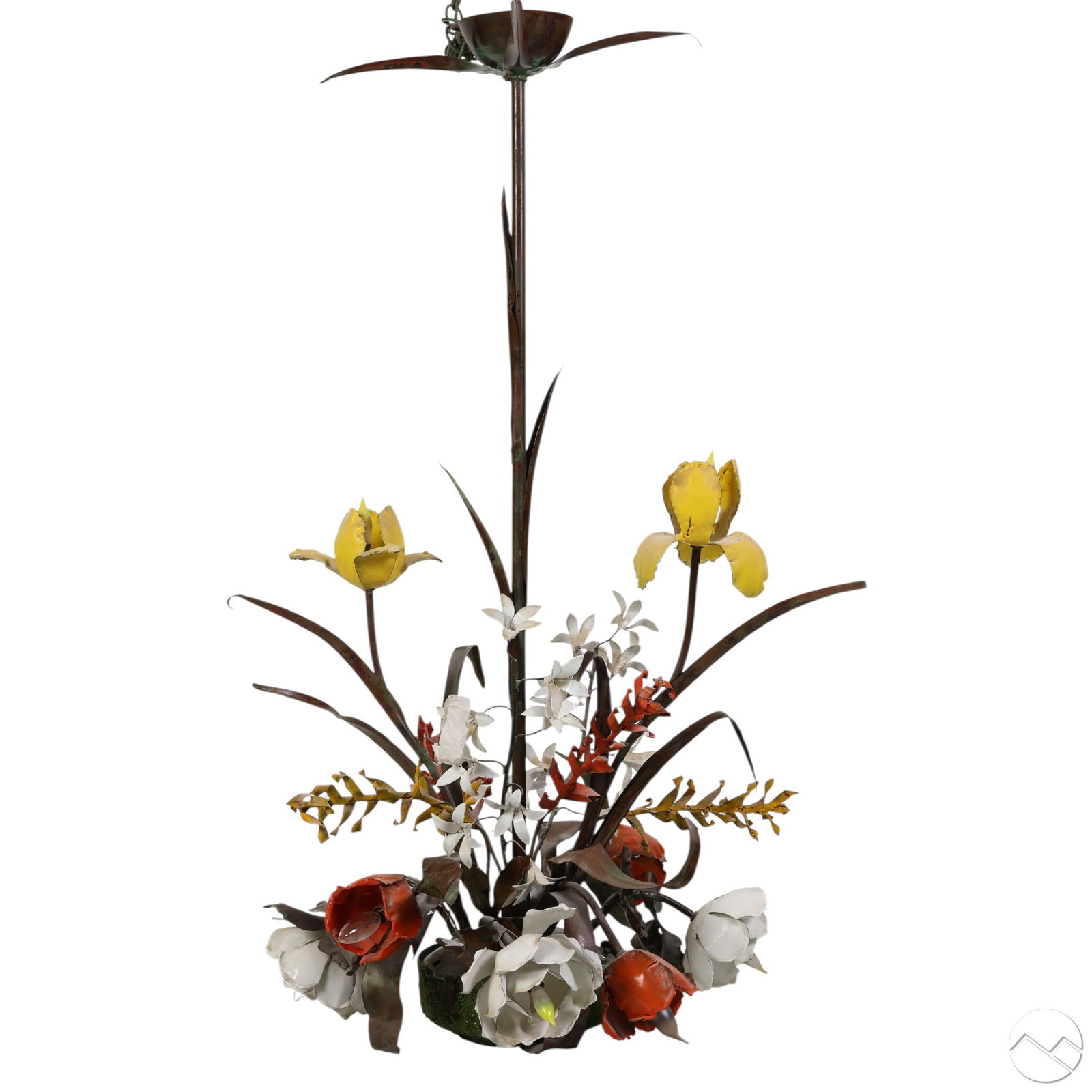Garland Faulkner Enameled Copper Flower Chandelier: Vintage 1970s enameled copper botanical chandelier light fixture attributed to Garland Faulkner featuring large enameled copper flowers in various colors. Eight lights are interspersed throughout the