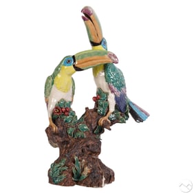 Italian 20C Majolica Life Size Toucans Sculpture