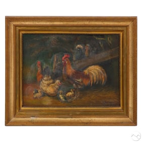 Antique Barnyard Chicken Brood Scene Oil Painting