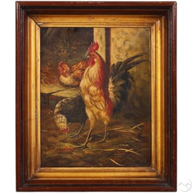 Edith Hume 1843-1906 Barnyard Rooster Oil Painting