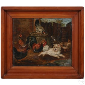 Antique White Dog Chasing Chickens Scene Painting