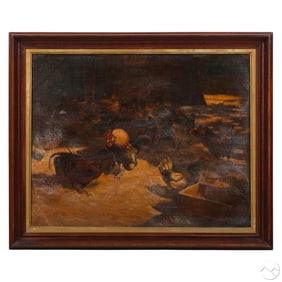Antique Barnyard Chicken Flock Scene Oil Painting
