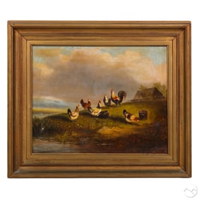 19C Continental School Style Farmyard Oil Painting